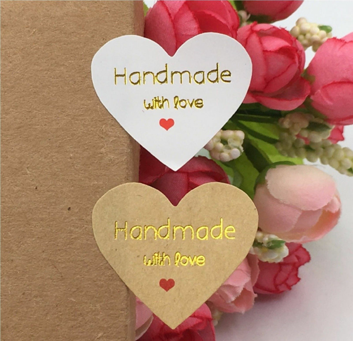 Heart Paper Labels Wedding 'Hand made with love' Gift Food Kraft Craft Stickers
