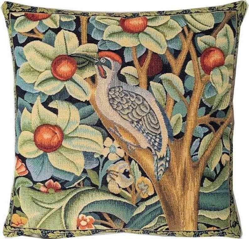 WILLIAM MORRIS BELGIAN TAPESTRY CUSHION COVERS ORANGE TREE PIMPERNEL STRAWBERRY - Woodpecker Facing Left - 45x45cm