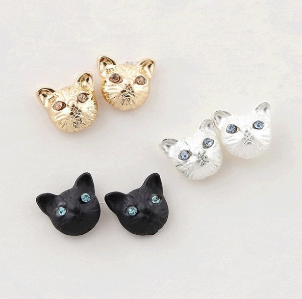 Pretty Cute Cat Kitty Crystal Stud Earrings & Gift Bag