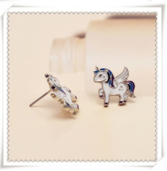 Magical Kawaii White Unicorn Horse Pegasus Stud Earrings & Mini Gift Box