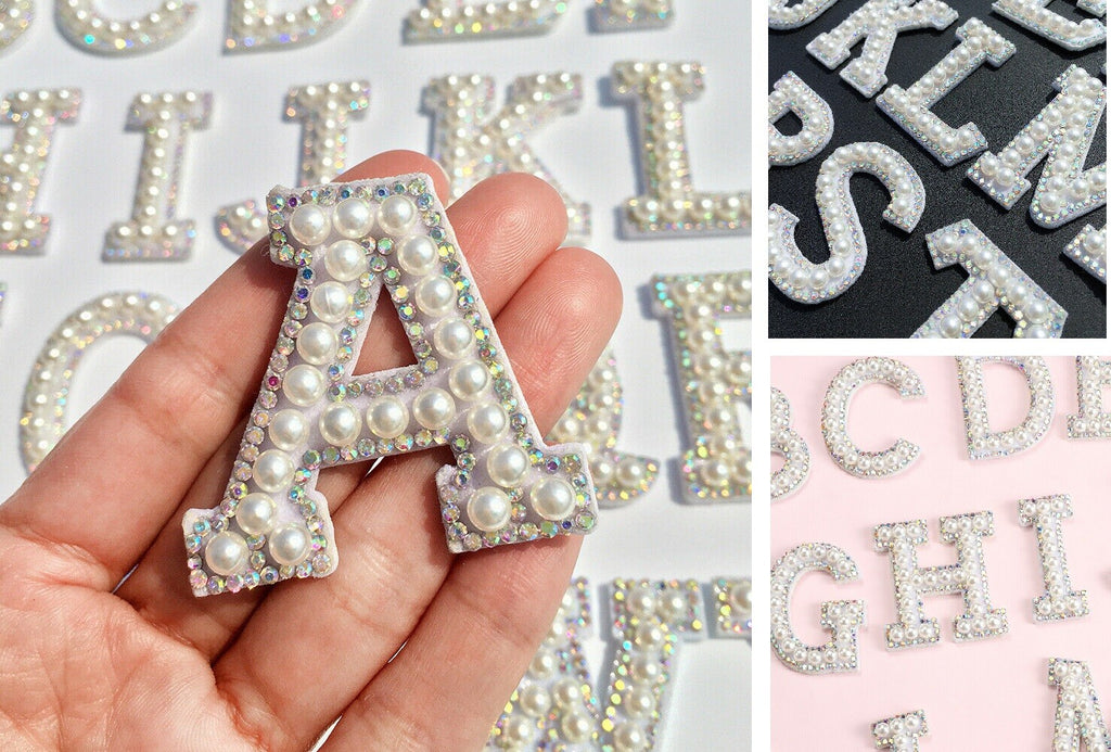 White Pearl AB Silver Rhinestone Letter Patch Patches Iron on Glue/Sew Alphabet