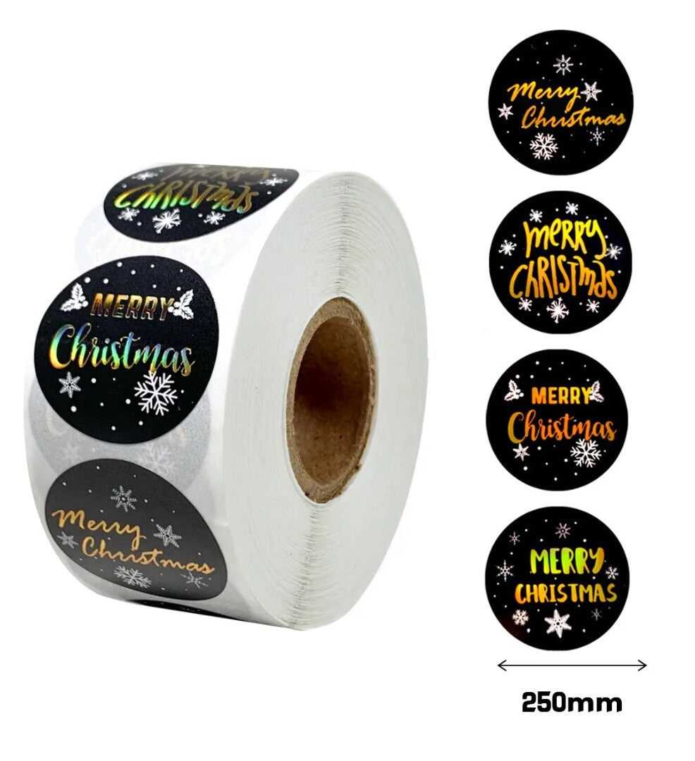 Merry Christmas Happy Xmas Black & Gold Labels Stickers Gift Sticker 2.5cm