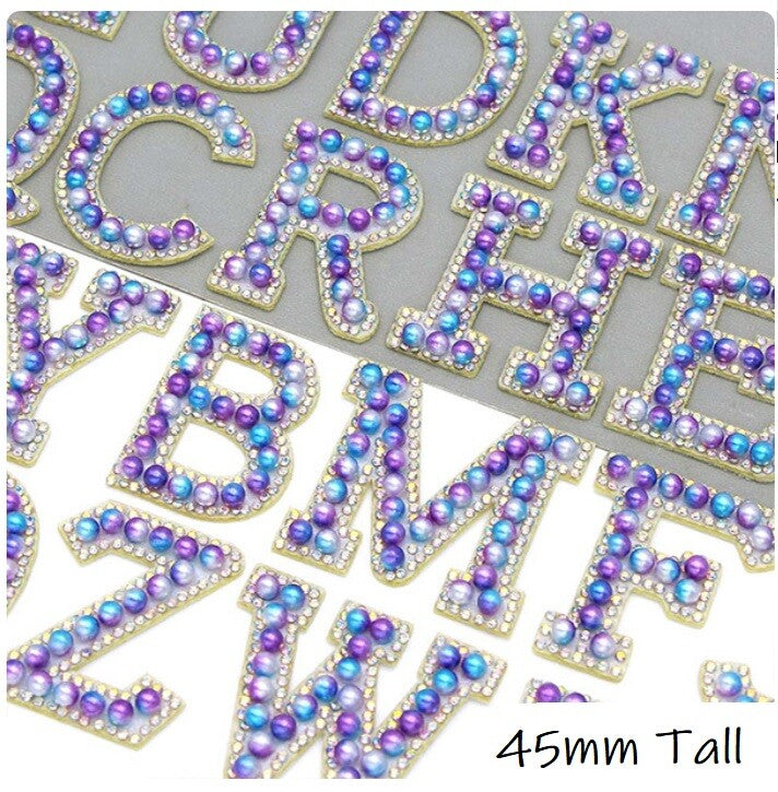 Purple & Blue Pearl Rhinestone Letter Patch Patches Iron on Alphabet Crystal