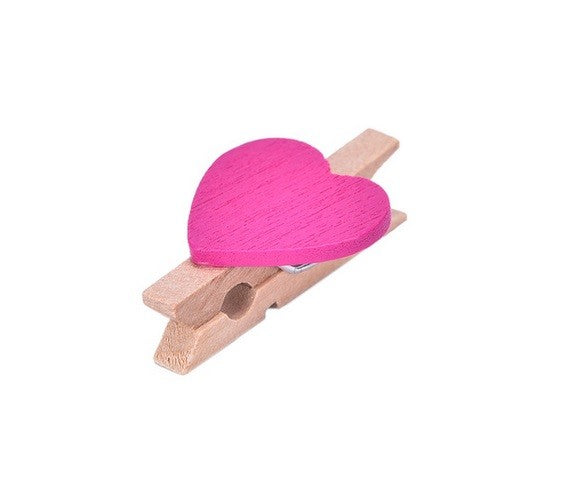 Mini Wooden Pegs with Colour Hearts Craft Wedding Photo Clips Wood 3x1.7cm - Fuchsia