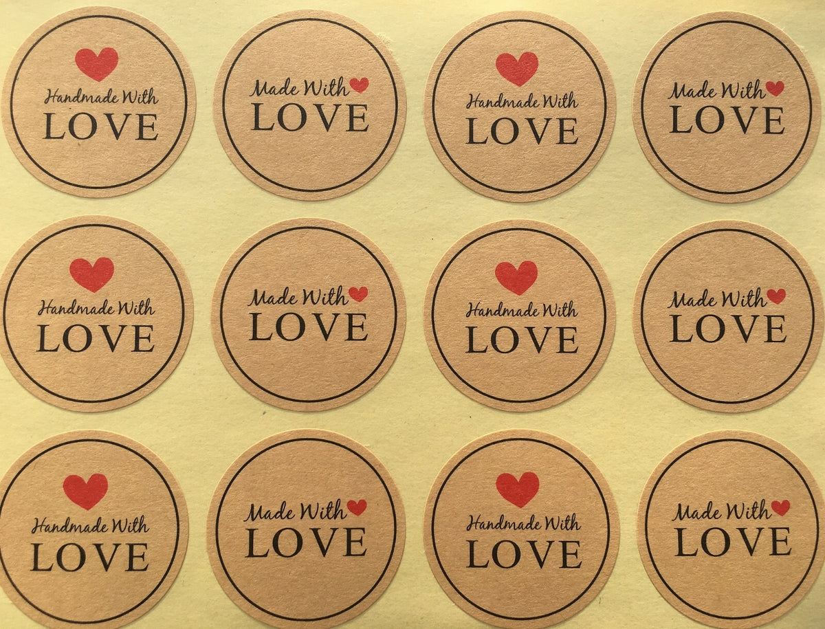 Round Labels Hand made with love Mixed Gift Craft Stickers Thank You Sticker - Brown with Red Hearts