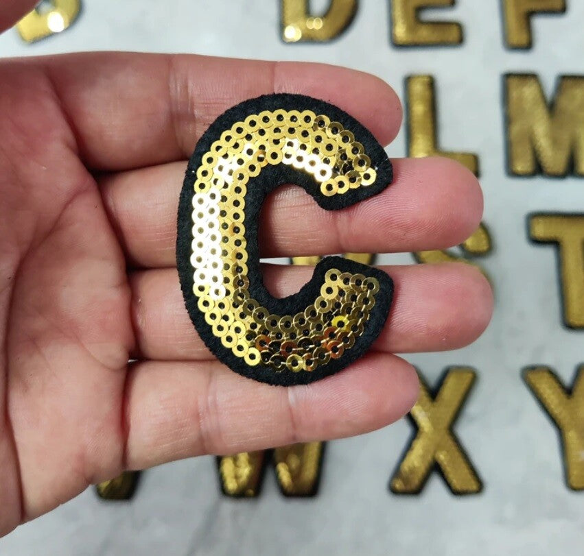 Gold Sequins & Black Letter Patch Iron or Sew on Alphabet Customise Clothing 5cm