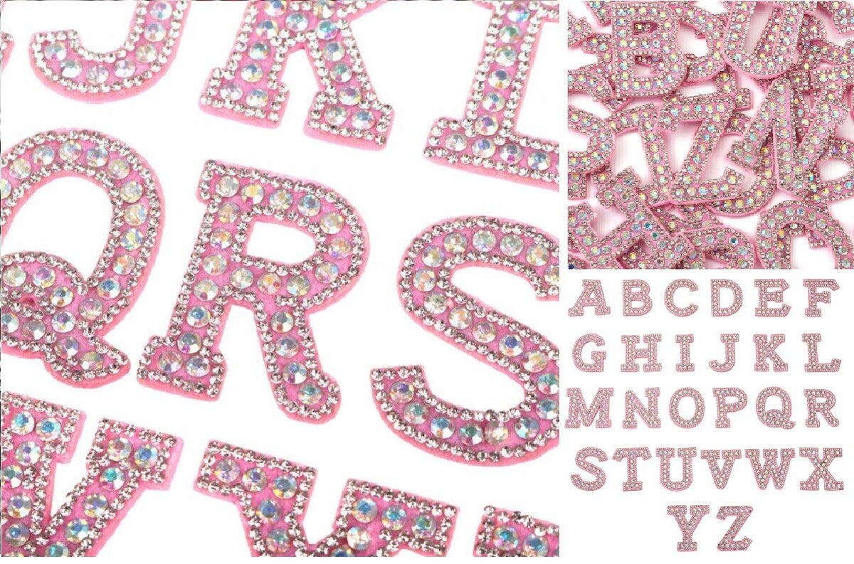 Pink & AB Rhinestone Letter Patch Patches Glue on Sew on Alphabet Crystal
