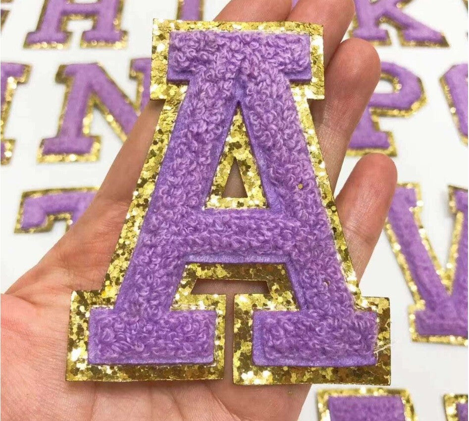 8cm Large 3D Purple Gold Chenille Patch Letter Patches Iron Sew on Alphabet