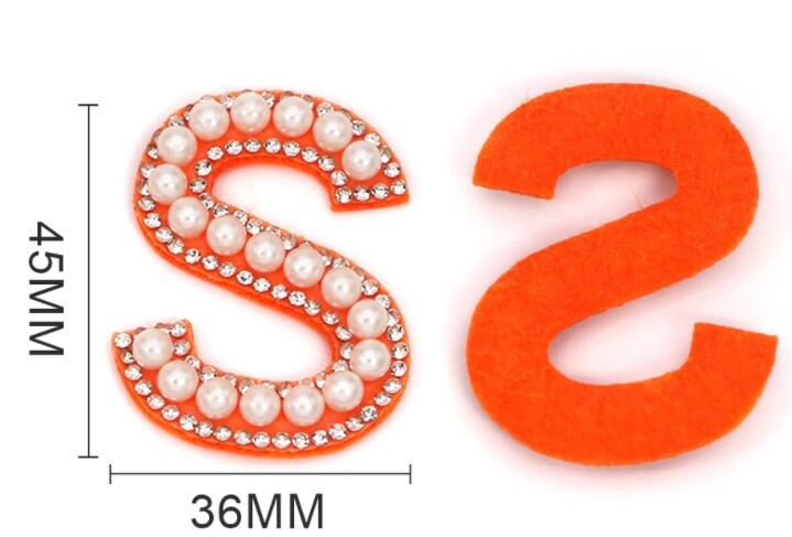 3D Orange & Pearl Rhinestone Letter Patch Patches Glue / Sew on Alphabet Crystal