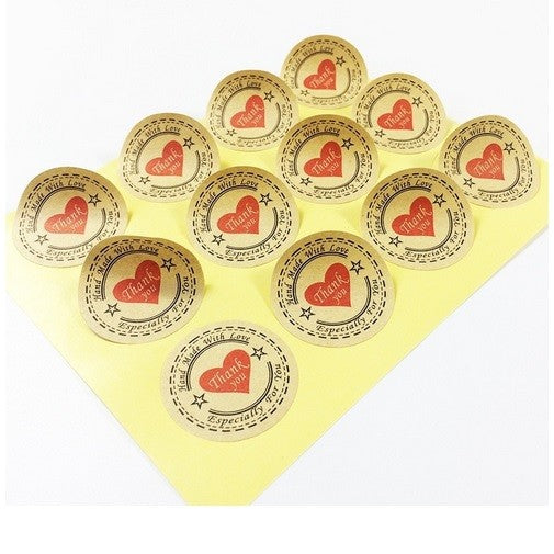 Round Labels 'Thank You Handmade with Love' Red Heart Gift Craft Stickers 3.3cm