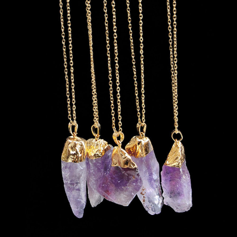 Crystal Quartz Gemstone Pendant Necklace Irregular Natural Crystal & Gift Bag - Light Purple