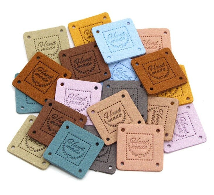 Faux Suede Leather Labels Hand Made Square Clothing Tag Label Tags 25x25mm