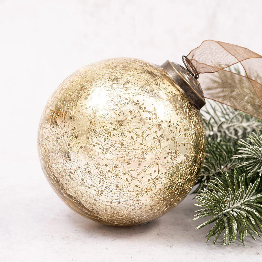 XL Glass Handcrafted Baubles Premium Traditional Christmas Tree Bauble 10cm - Gold Crackle Glass Ball - 1 Bauble