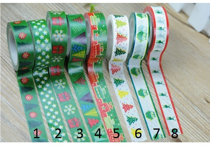 Christmas Decorative Adhesive Washi Tape - Reindeer Present Tree Design 10M - Green 1 - Tree and Bauble