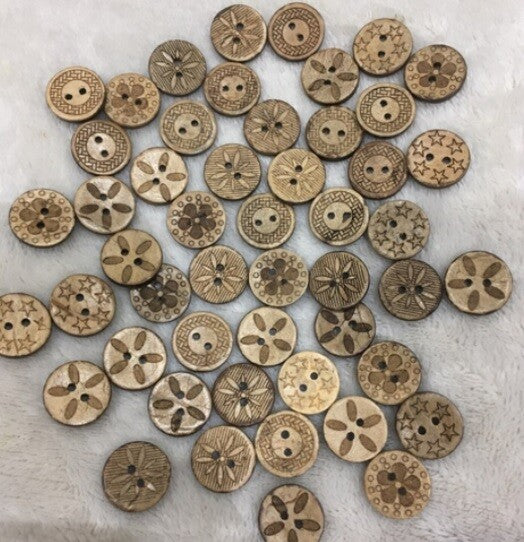 Coconut Shell Etched Natural Wooden Round Mixed Design Buttons 2 Holes 18mm