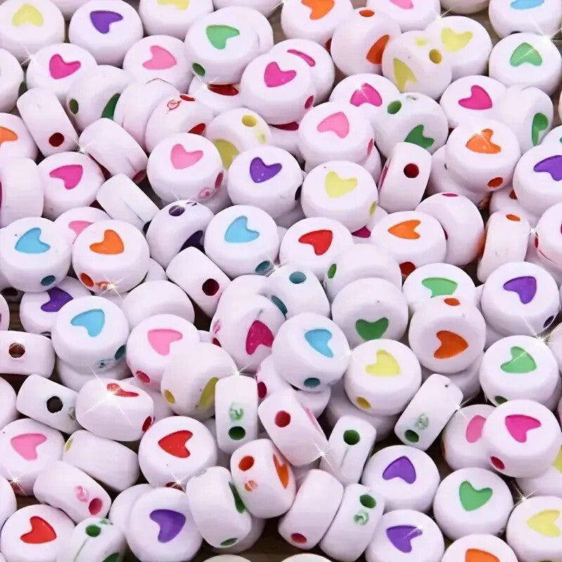 100 White With Coloured Heart Beads, 100 Round Beads With Coloured Heart Beads