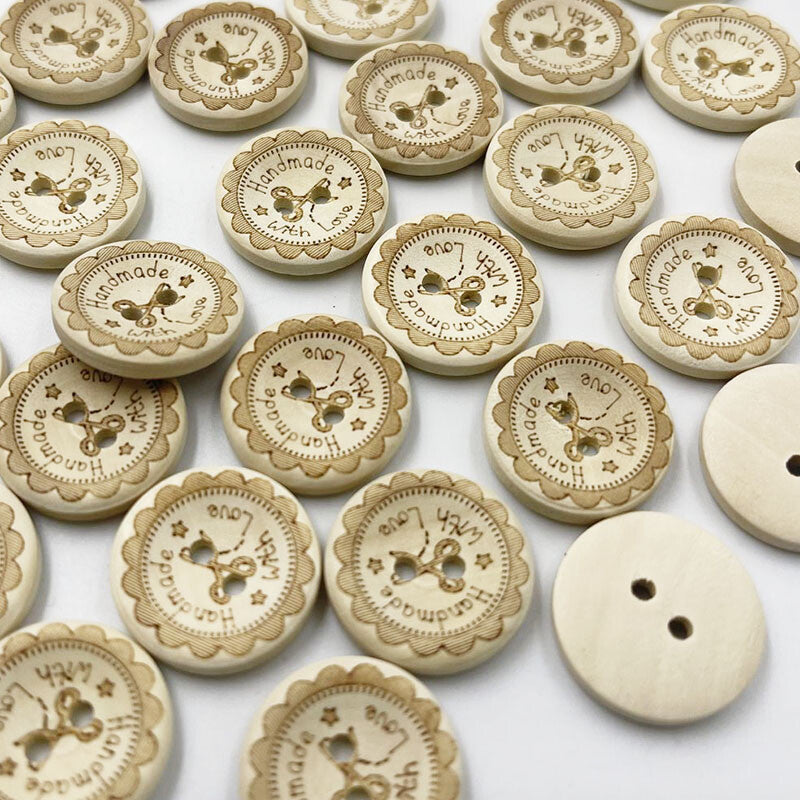 Handmade With Love Natural Wooden Wood Round Buttons - 2 Holes 15mm 20mm 25mm D2