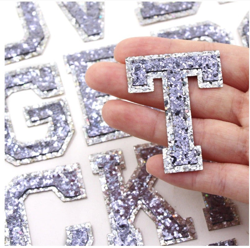 Grey & Silver Glitter Varsity Letter Patch Iron or Sew on Alphabet Letters Craft