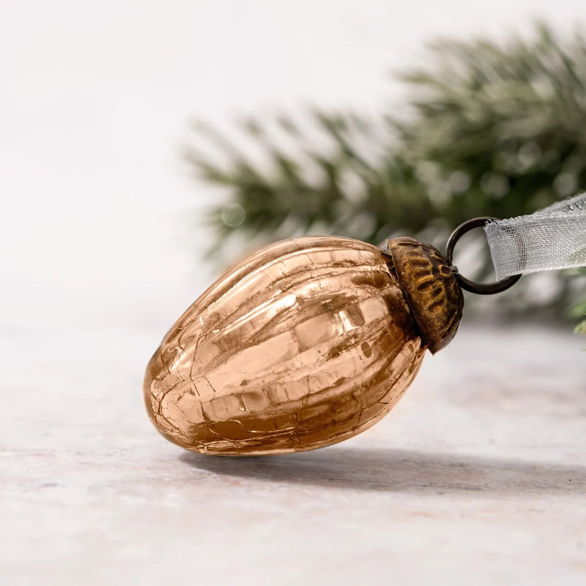 6 Pack Small Glass Handcrafted Baubles Premium Traditional Christmas Tree Craft - Set of 6 Small Champagne Crackle Glass Pinecones
