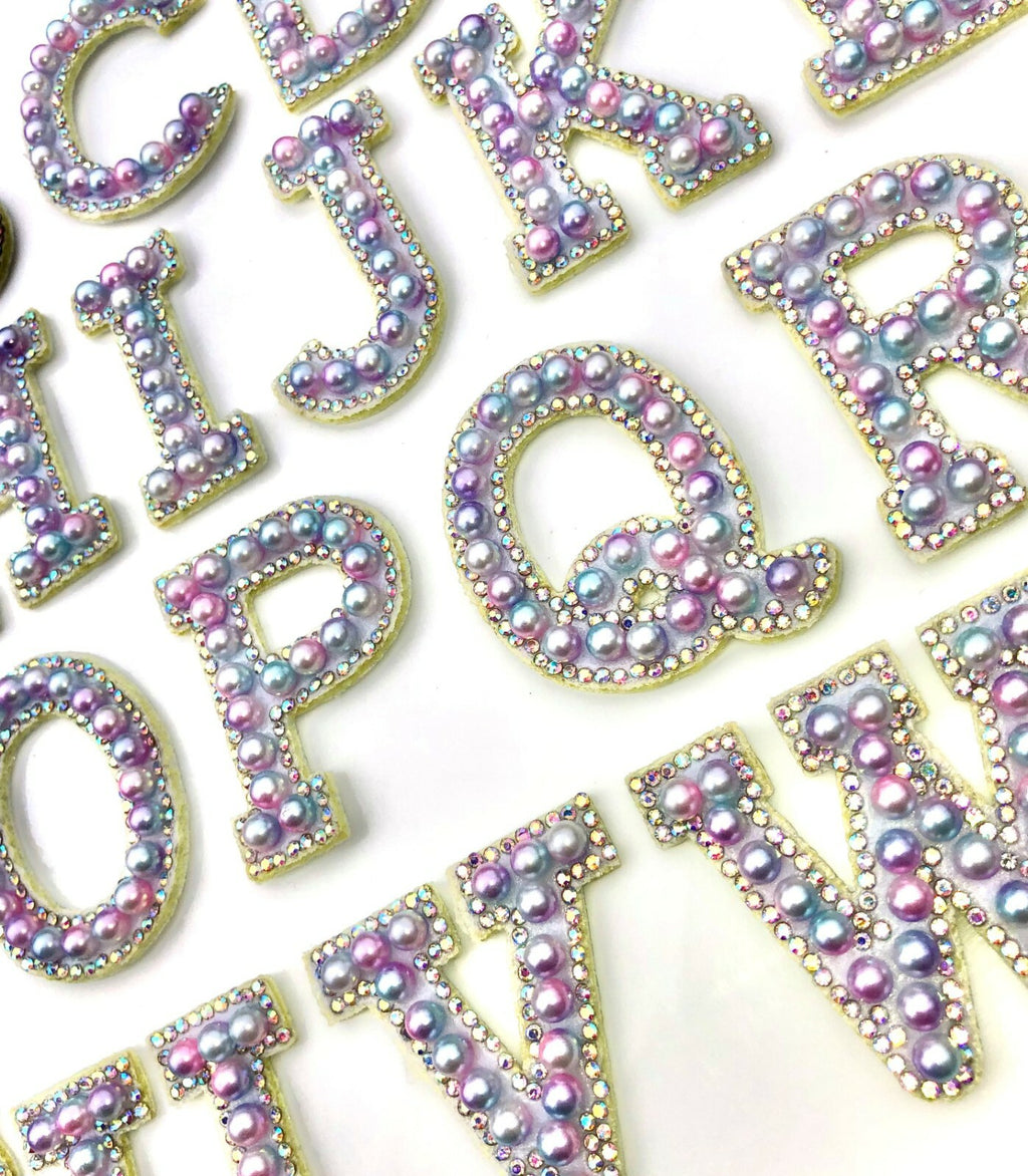3D Pastel Pearl Rhinestone Letter Patch Patches Iron on Alphabet Crystal