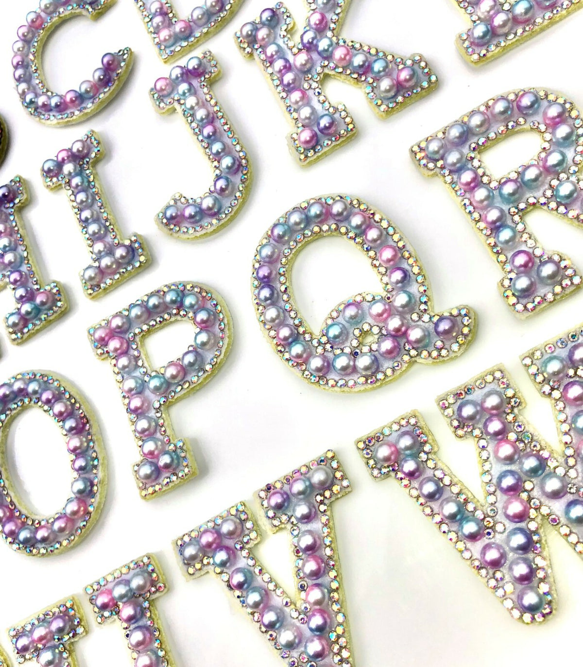 3D Pastel Pearl Rhinestone Letter Patch Patches Iron on Alphabet Crystal