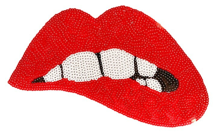 Large Rose Gold Silver Pink Lips Mouth Pop Art Lip Sequin Iron on Sew on Patch - Matt Red - Iron On