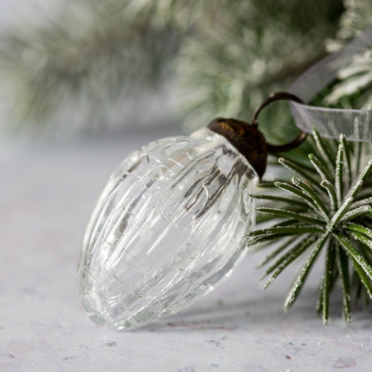 6 Pack Small Glass Handcrafted Baubles Premium Traditional Christmas Tree Craft - Set of 6 Small Clear Crackle Glass Pinecones