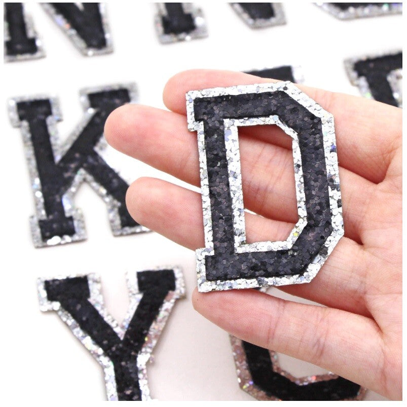 Black & Silver Glitter Varsity Letter Patch Iron or Sew on Alphabet Patches