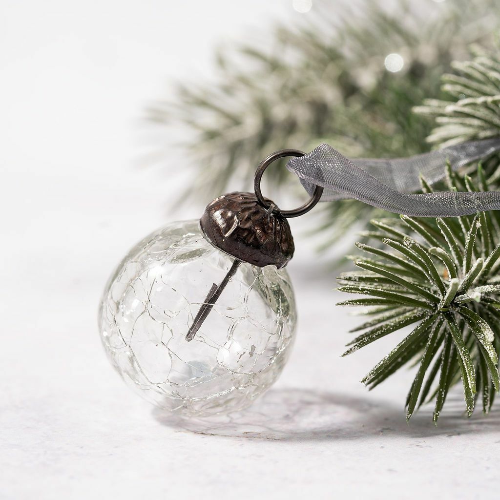 6 Pack Small Glass Handcrafted Baubles Premium Traditional Christmas Tree Craft - Set of 6 Small Clear Crackle Glass Balls 4x3.5cm