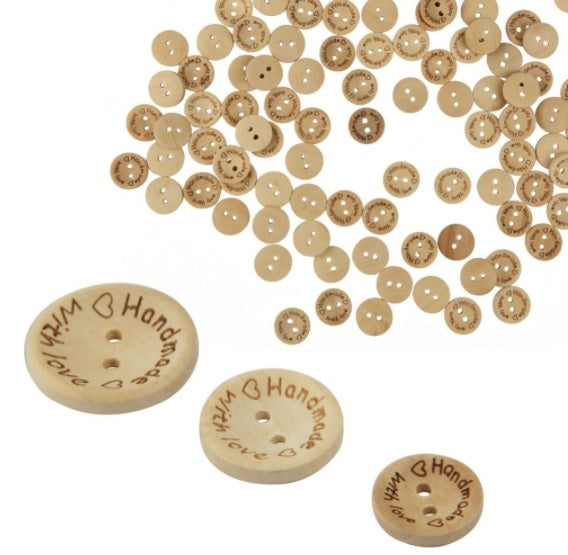 Handmade With Love Natural Wooden Round Buttons Hand Made 3 Sizes 15/20/25mm