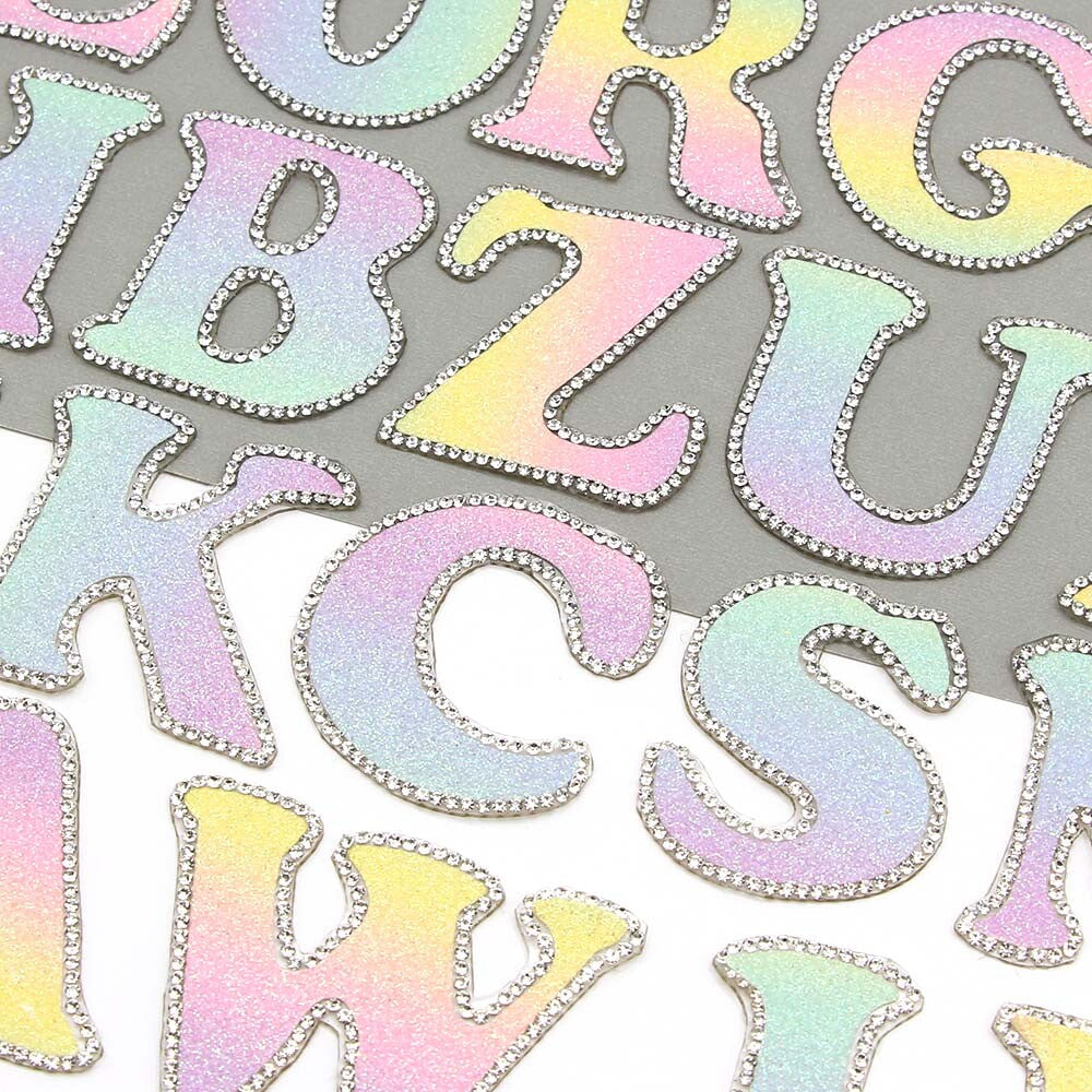 3D Rhinestone Pastel Rainbow Glitter Letter Patch Iron on Alphabet Patches 5cm
