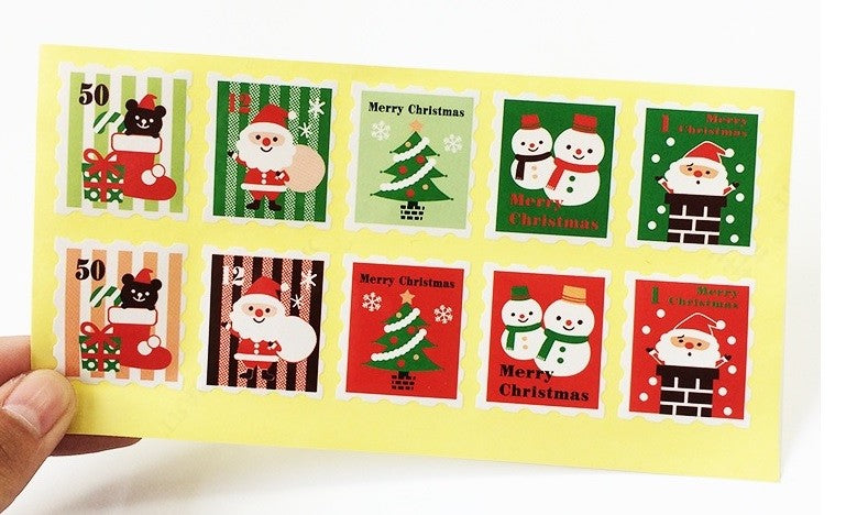 Postage Stamp Design Santa Snowman Sticker Gift Christmas Wrap Seal Stickers