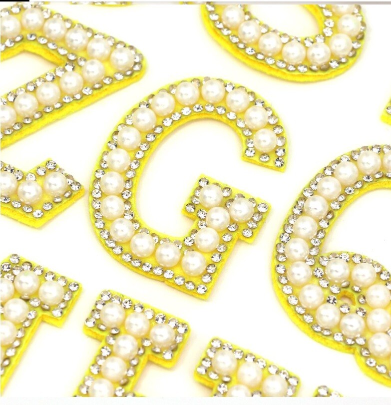 3D Yellow & Pearl Rhinestone Letter Patch Patches Glue / Sew on Alphabet Crystal