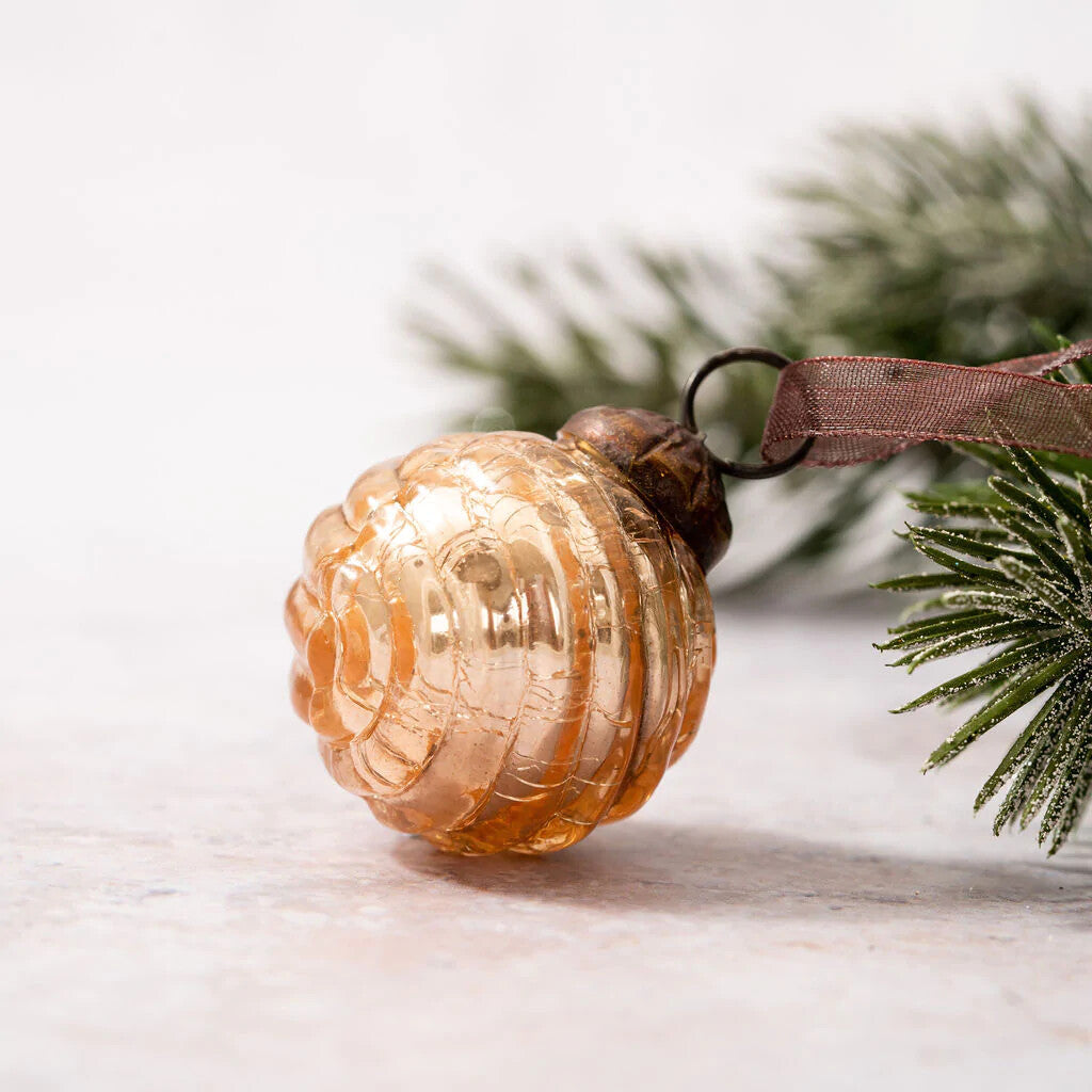 6 Pack Small Glass Handcrafted Baubles Premium Traditional Christmas Tree Craft - Set of 6 Small Crackle Champagne Swirls