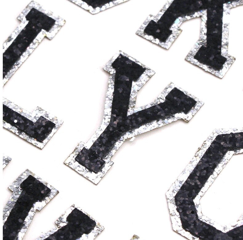 Black & Silver Glitter Varsity Letter Patch Iron or Sew on Alphabet Patches