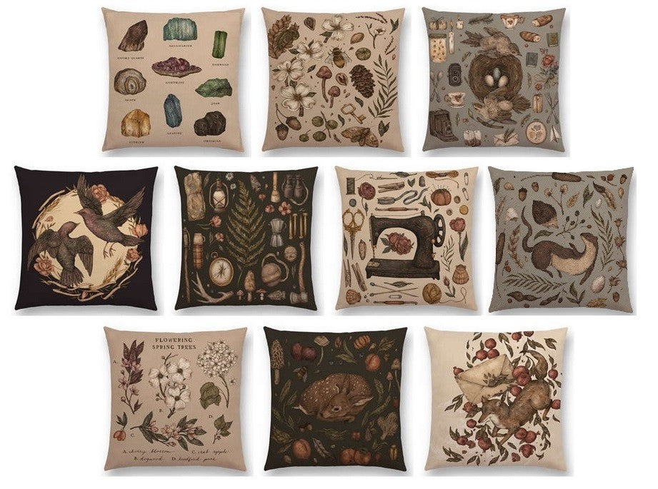 Vintage Design Animal Gems Minerals Floral Nature Plant Cushion Covers 17" x 17"