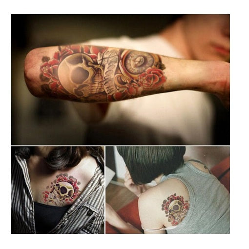 Large Waterproof 3D Traditional Skull & Roses Temporary Tattoo Sticker Art