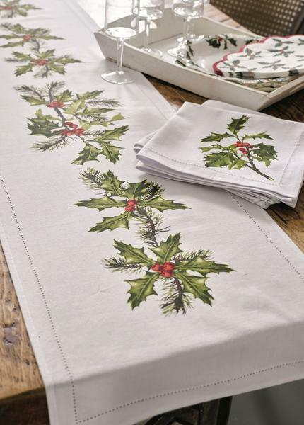 Christmas Table Cover or Runner Botanical Holly Festive Glitter Damask