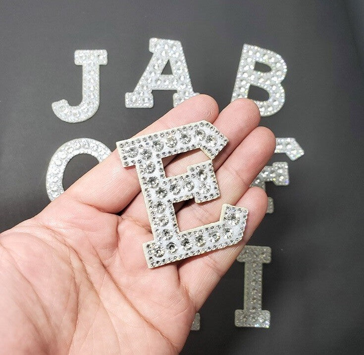 Silver & White Rhinestone Letter Patch Patches Glue or Sew on Alphabet Crystal