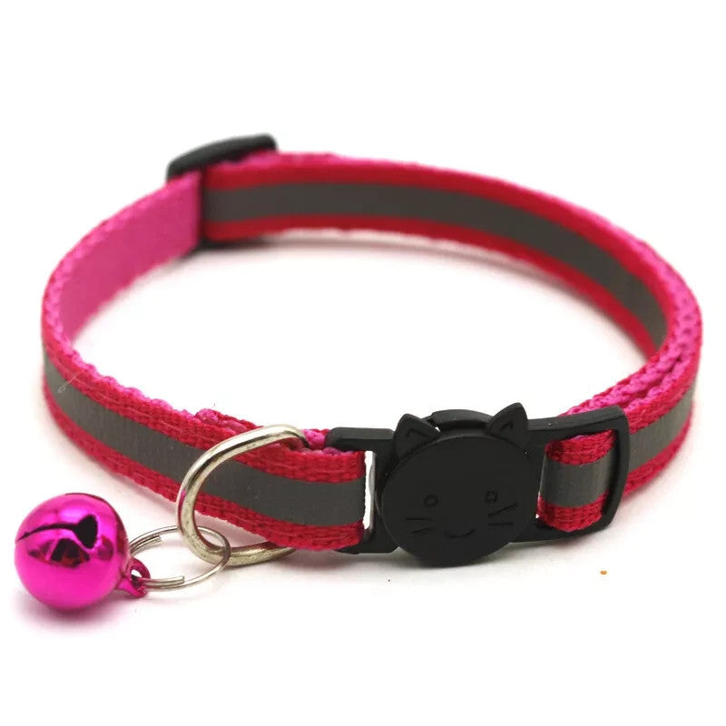 Reflective Safety Cat Collar Quick Release Breakaway Kitten Pet Adjustable Bell - Fuchsia Pink