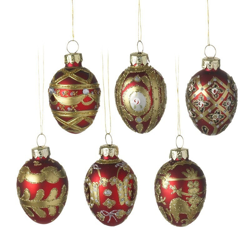 Glass Handcrafted Baubles Premium Traditional Christmas Tree Decoration - 6 Pack Red & Gold Oval