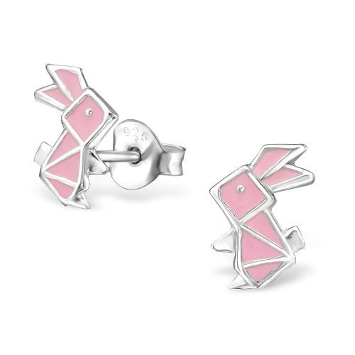 925 Sterling Silver Origami Bunny Rabbit Hare Pink Stud Earrings & Gift Box