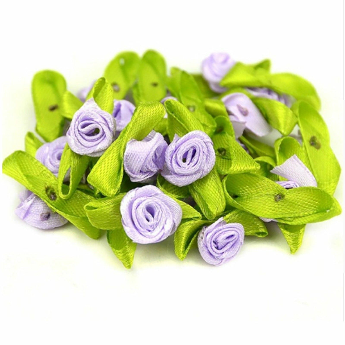 Mini Satin Ribbon Rose Buds Flowers Green Leaf Leaves Craft Wedding Confetti - Lilac Purple
