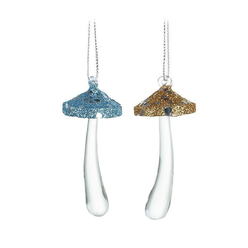 Glass Handcrafted Baubles Premium Traditional Christmas Tree Decoration - 1 Gold & 1 Blue Glass Mushroom