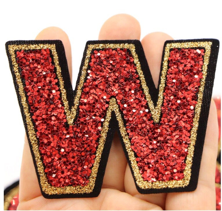 Large Red Sequins Glitter Letter Patch Iron on Sew on Alphabet Customise Clothes