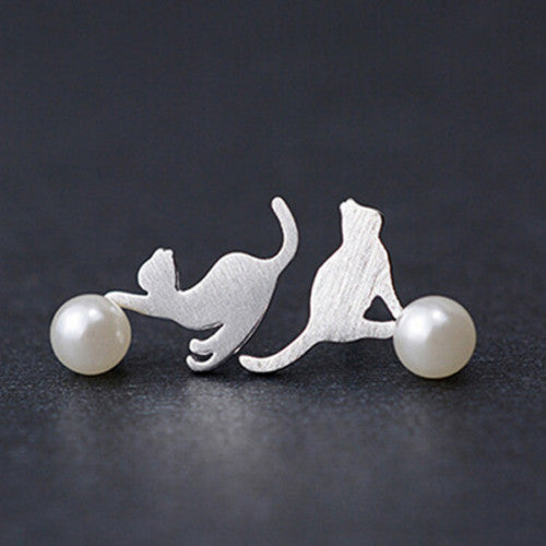 Cat Kitten Silver Pearl Bead Earrings Cute Silhouette Quirky Kitsch Gift