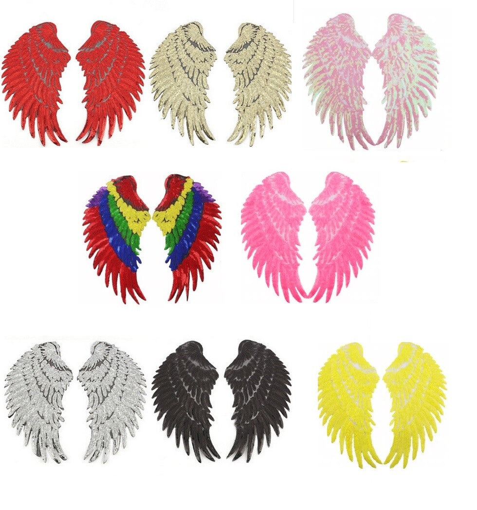 Large Pair Sequins Wings Iron or Sew on Embroidery Patch Customise Clothing 33cm - Red