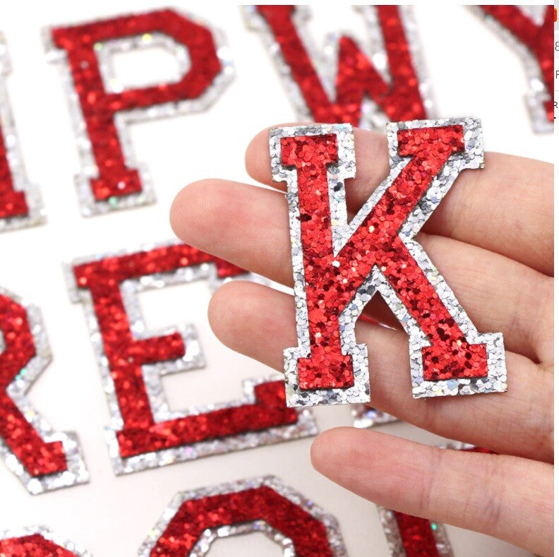 Red & Silver Glitter Varsity Letter Patch Iron or Sew on Alphabet Letters