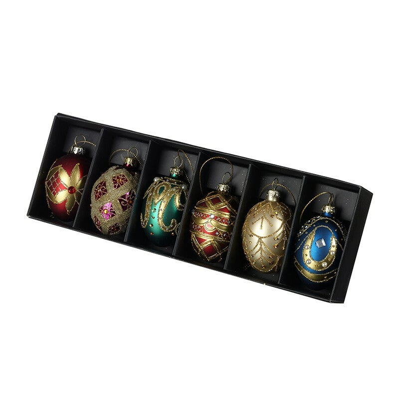 Glass Handcrafted Baubles Premium Traditional Christmas Tree Decoration - 6 Ornate Glass Oval Baubles