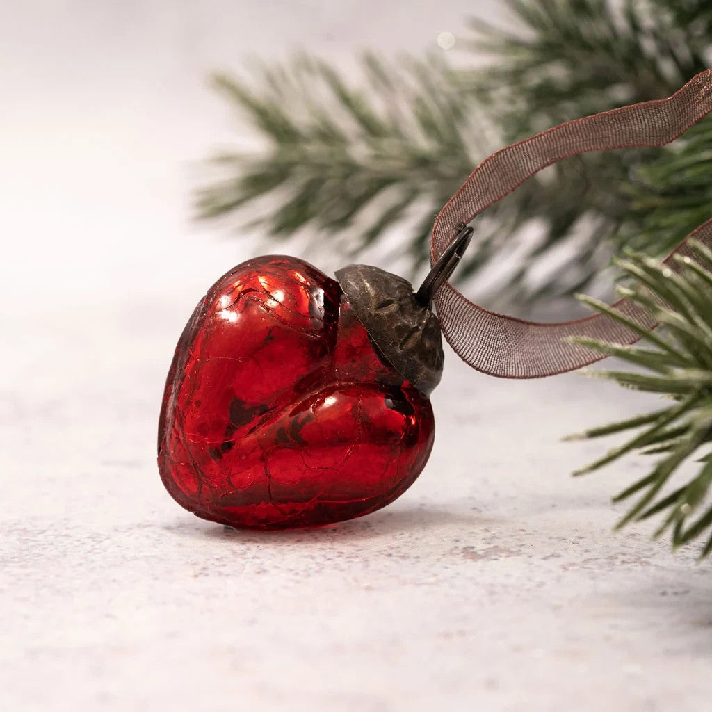 6 Pack Small Glass Handcrafted Baubles Premium Traditional Christmas Tree Craft - 6 Red Crackle Hearts